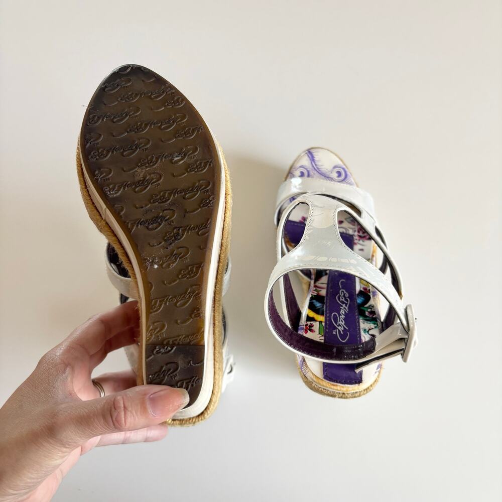 Ed Hardy Y2K La Jolla White Tattoo Print Wedge Cage Sandals Women’s Size 6 - Picture 9 of 9